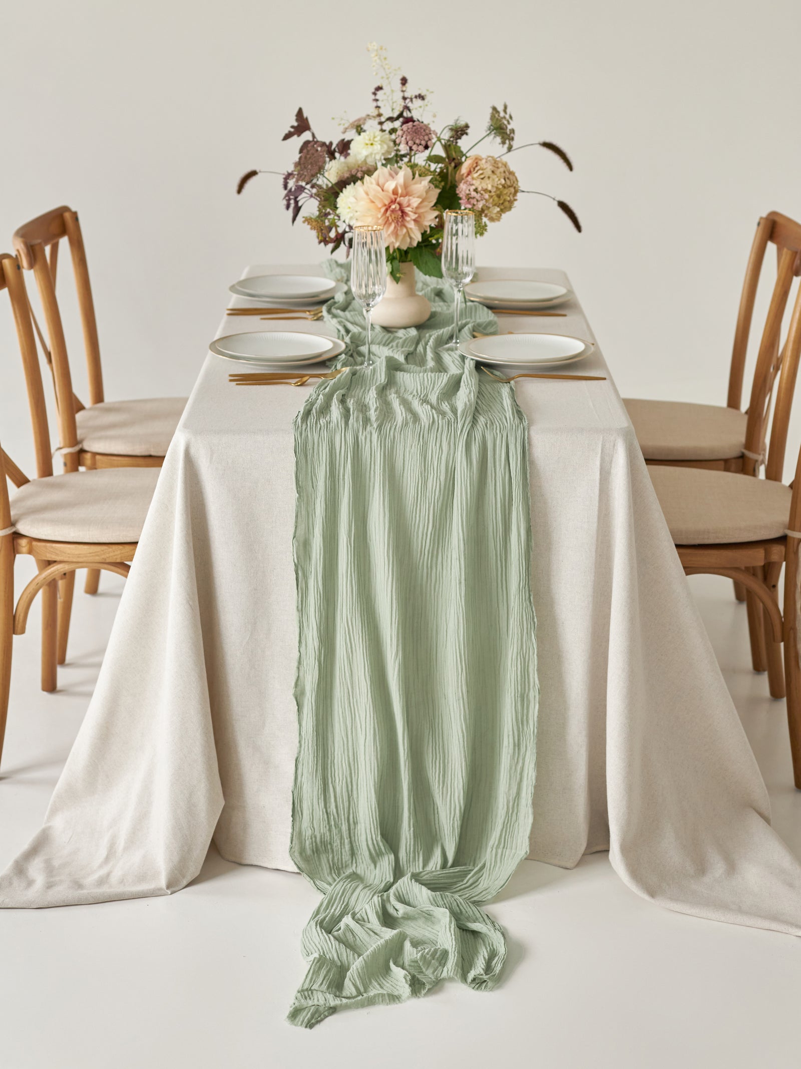 Sage Green Cheesecloth Table Runner - 120" Long Rustic Linen Fabric For Weddings, Parties, Dining Decor - View #7
